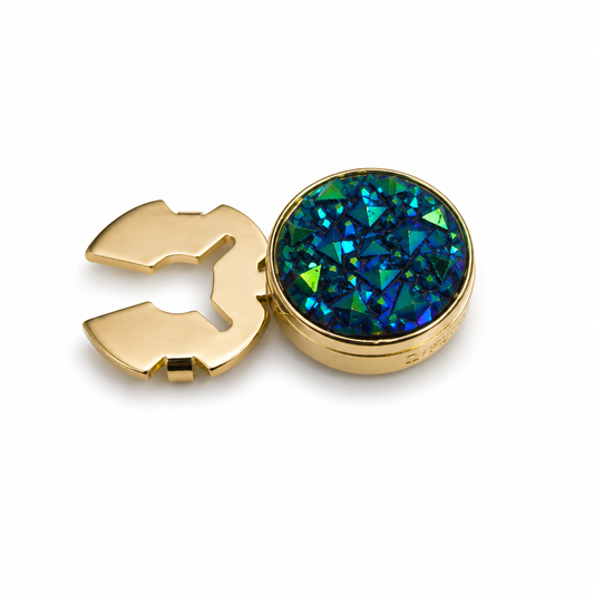 Albetro Ocean Druzy Gold Button Cover — angled view showing clasp