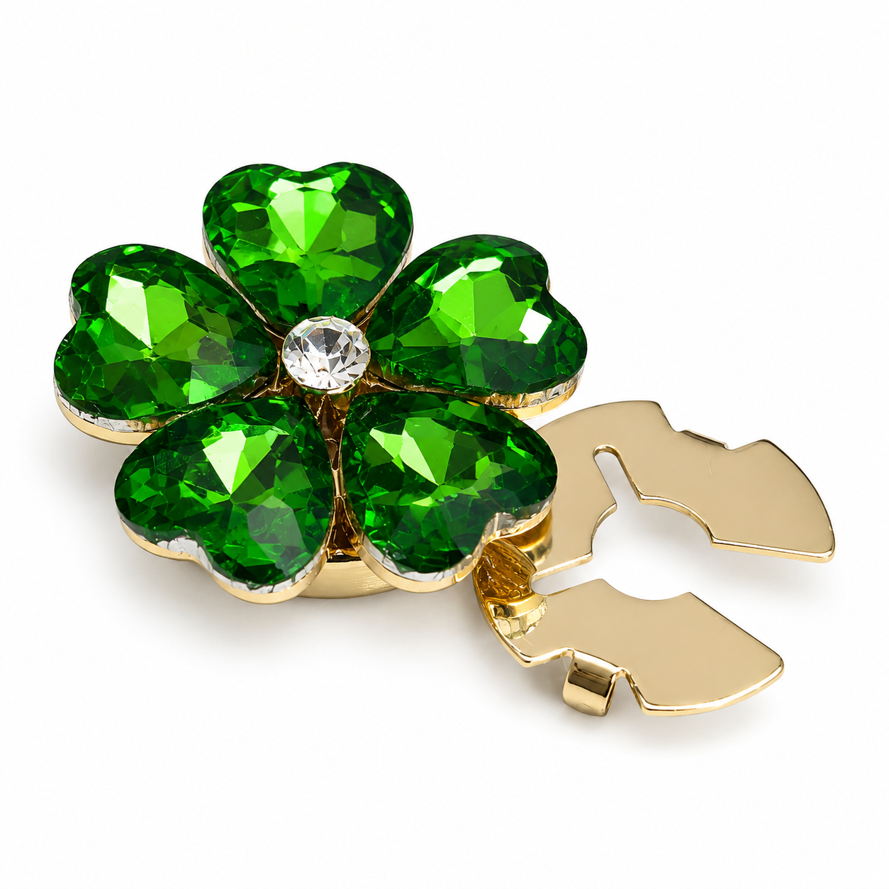 Albetro Emerald Clover Gold Button Cover — angled view showing clasp