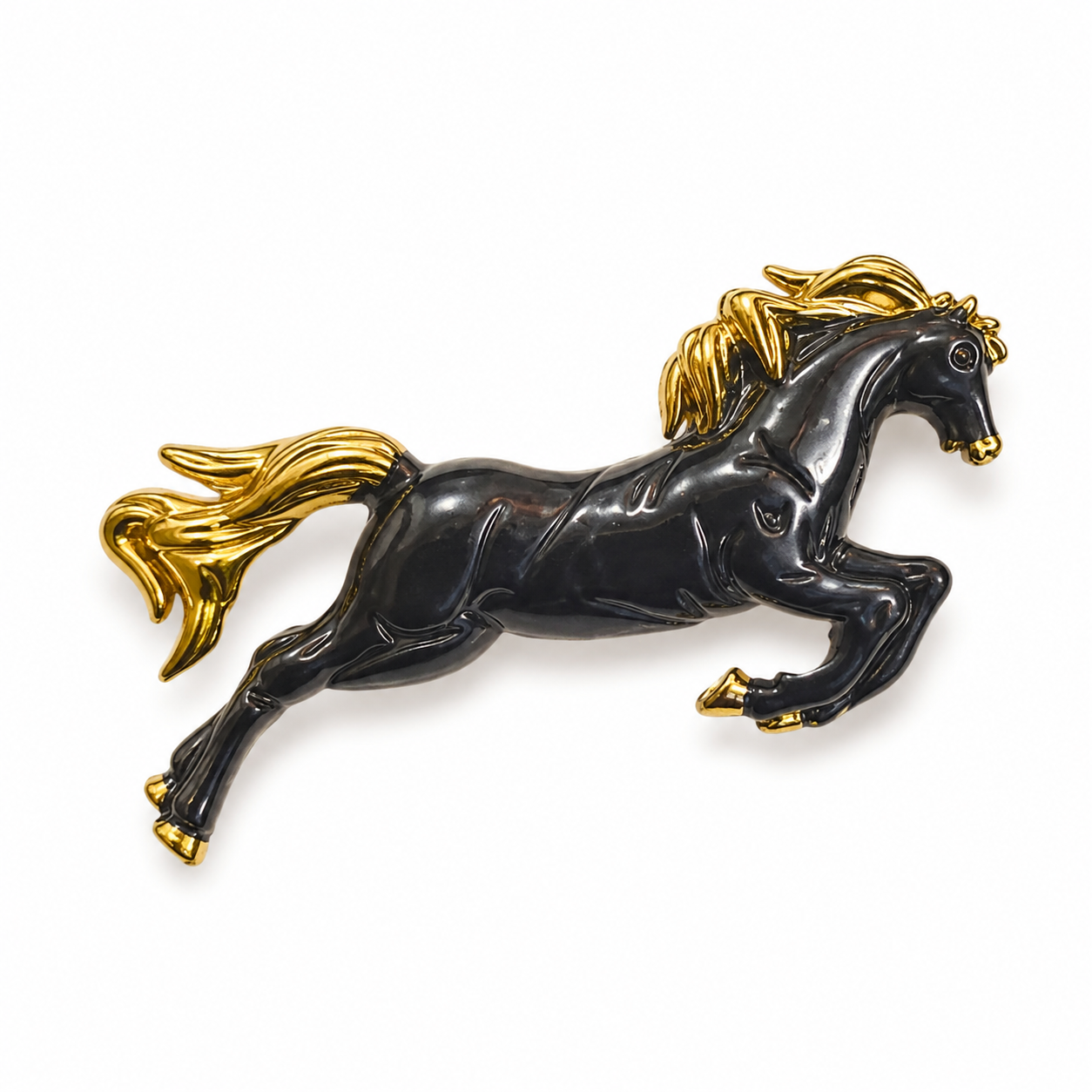 The Phantom Stallion Noir & Gold Brooch - Flat Lay