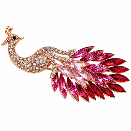 Albetro The Rose Mayura pink crystal peacock brooch detailed view
