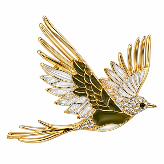 Albetro The Golden Swallow gold enamel flying bird brooch detailed view