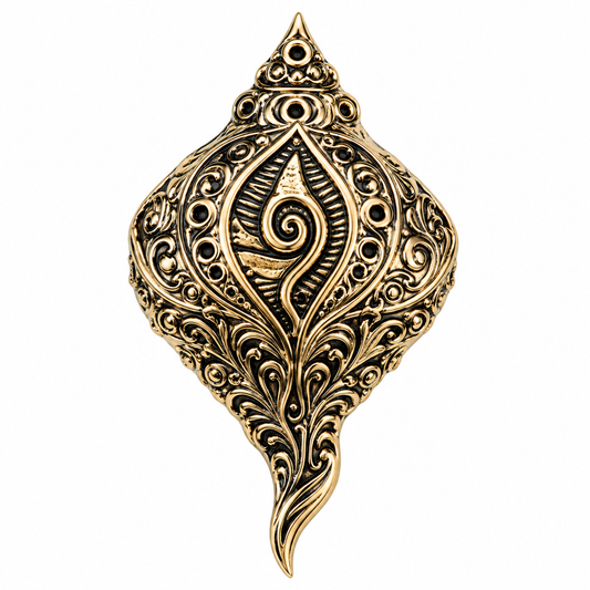 Albetro The Panchajanya carved antique gold shankh brooch detailed view