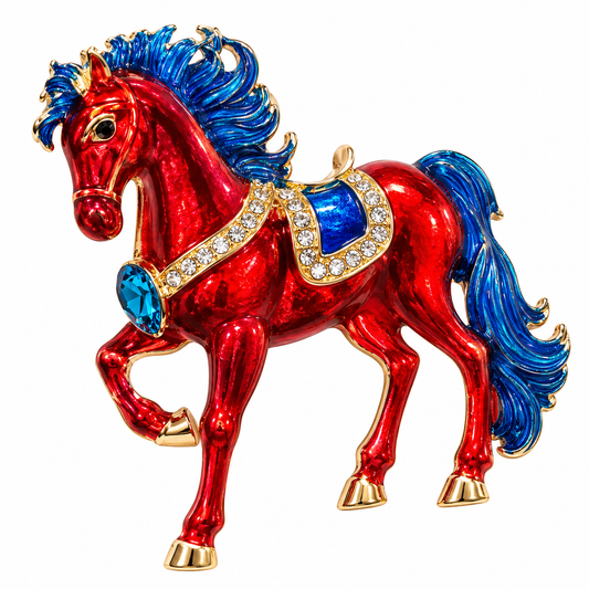Albetro The Chetak red and blue enamel horse brooch detailed view