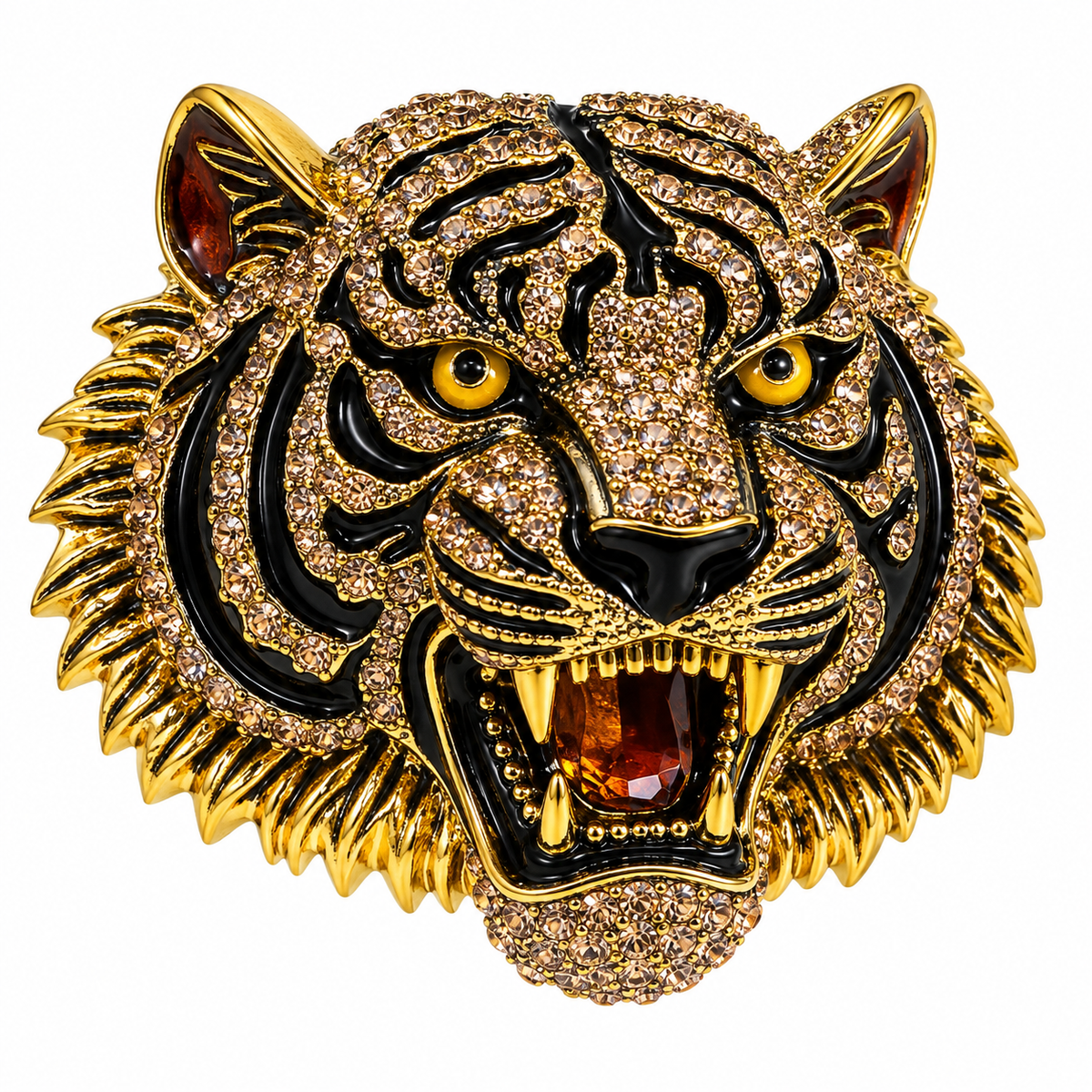 Albetro The Royal Bengal gold crystal roaring tiger brooch detailed view