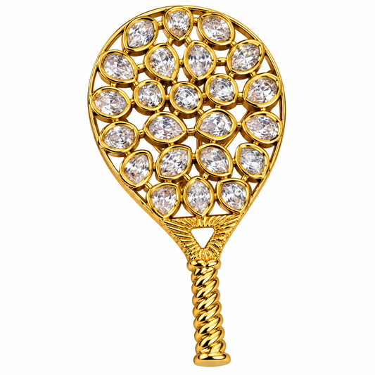 Albetro The Grand Slam gold AD stone tennis racket brooch on white background