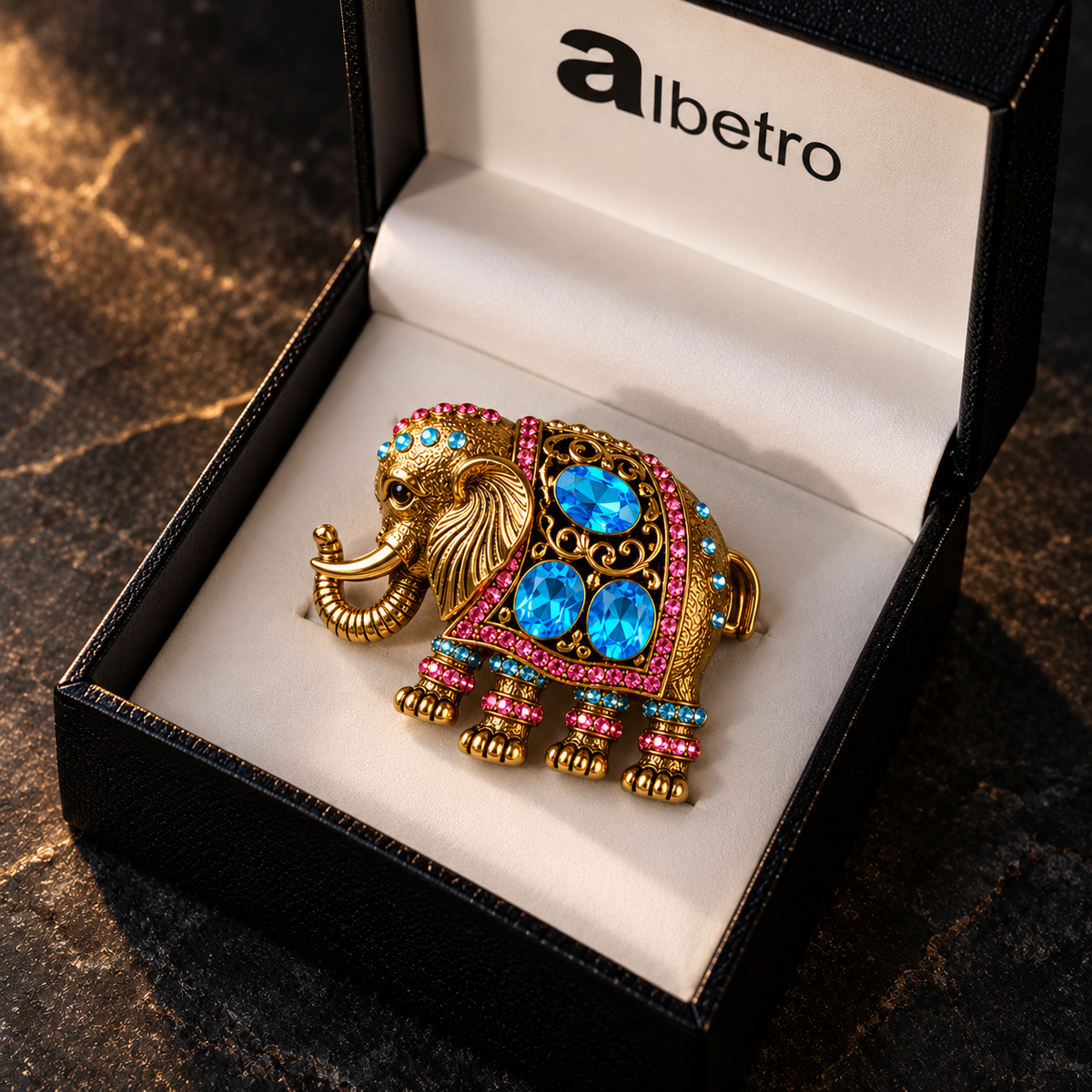 Albetro The Jaipur Tusker gold elephant brooch close-up view