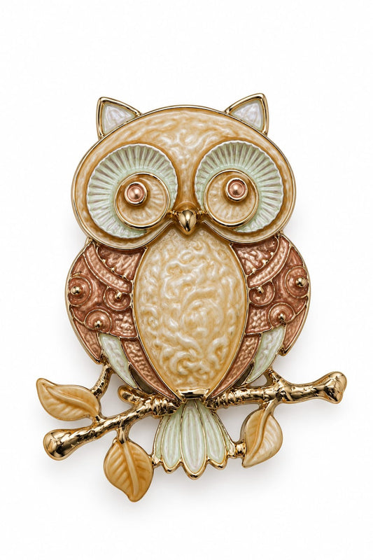 Albetro The Ivory Owl cream enamel owl brooch detailed view