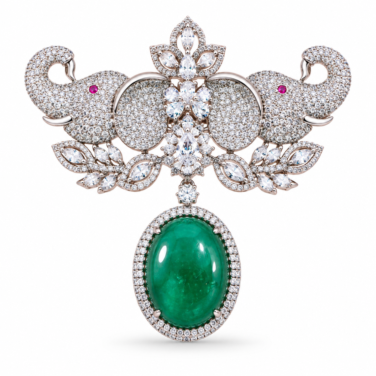Albetro The Emerald Gajraj elephant drop brooch detailed view