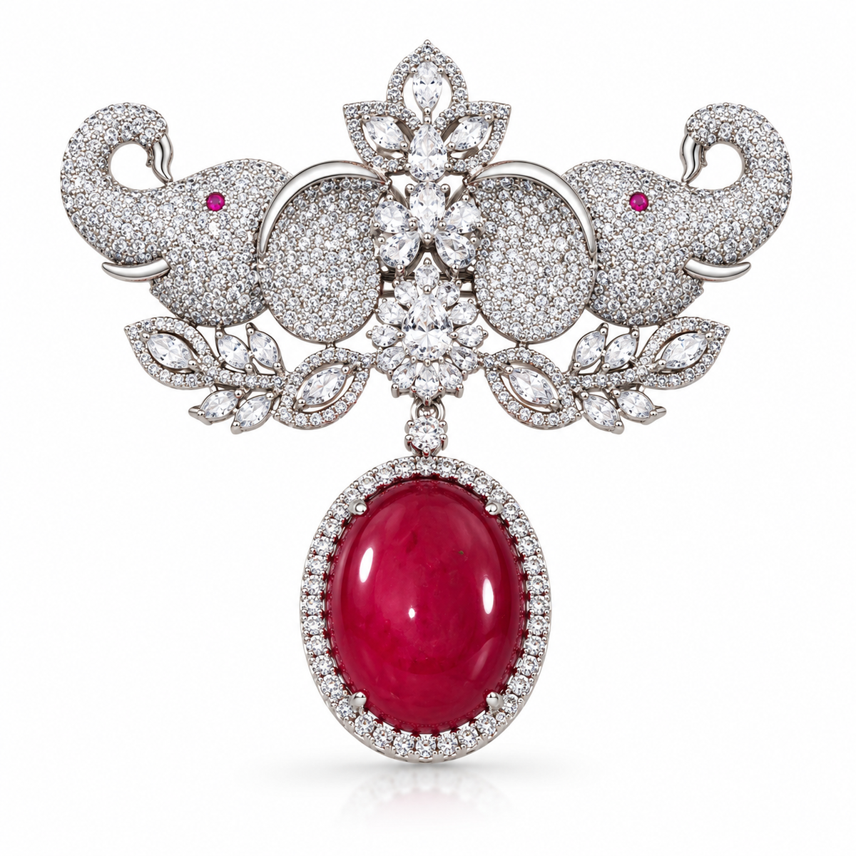 Albetro The Ruby Gajraj elephant drop brooch detailed view