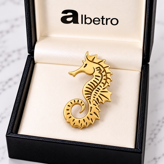Albetro The Golden Seahorse gold seahorse brooch detailed view