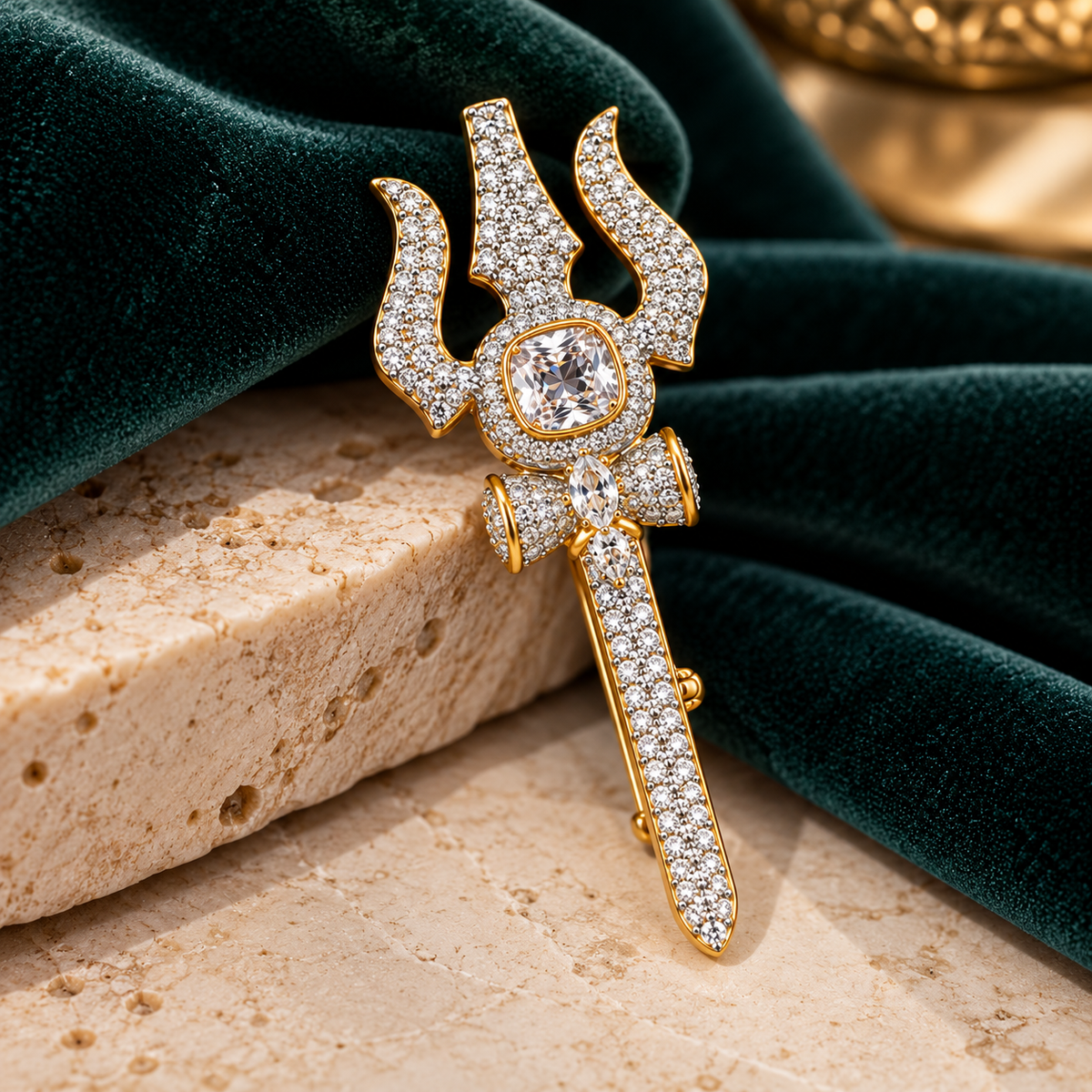 Albetro The Trishul Damru brooch close-up view