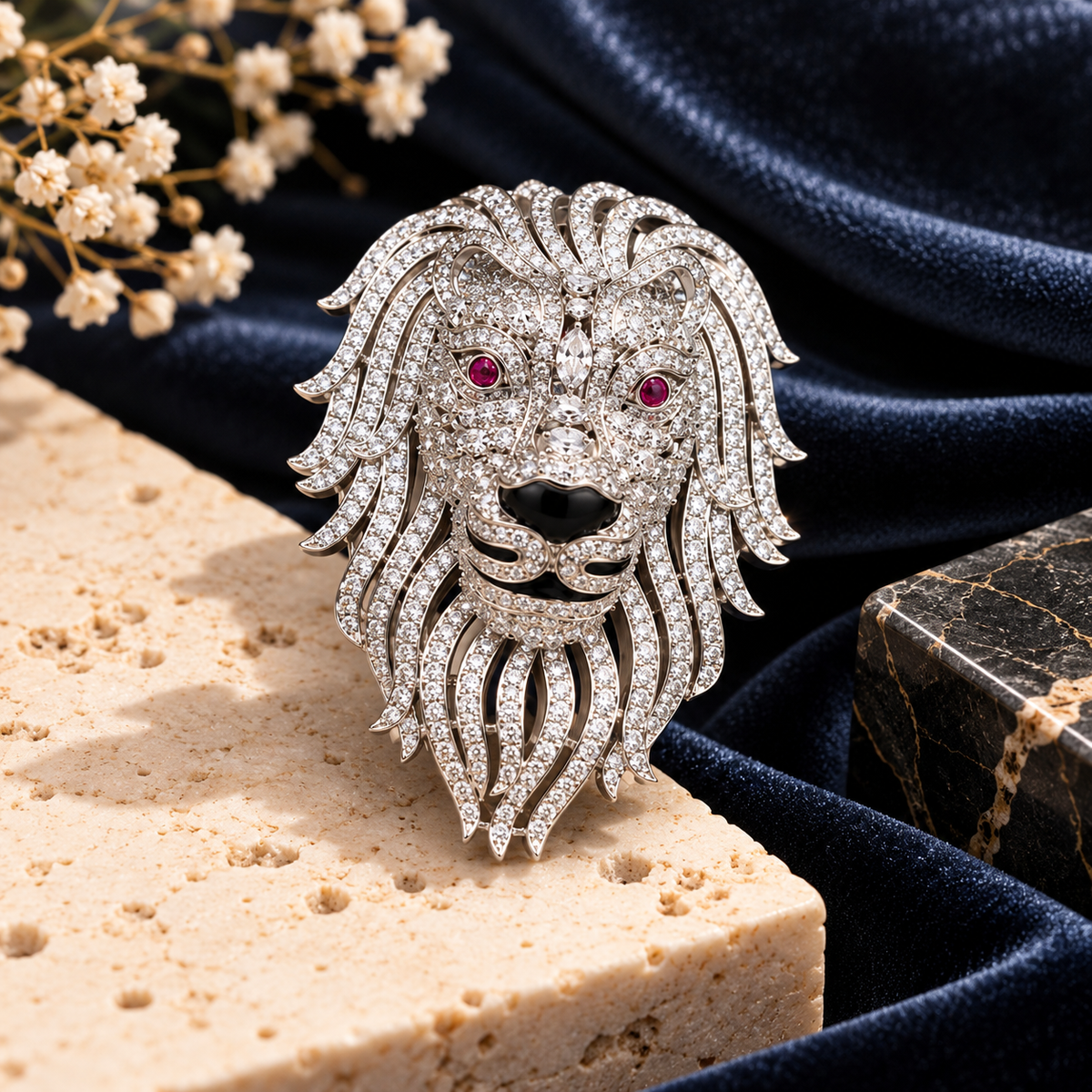 Albetro The Singh Argent lion brooch close-up view