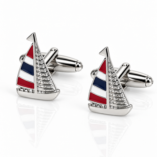 Albetro Regatta red white and navy sailboat cufflinks pair on white background