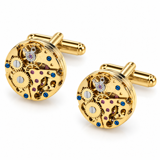 Albetro The Horologist skeleton watch movement gold cufflinks pair