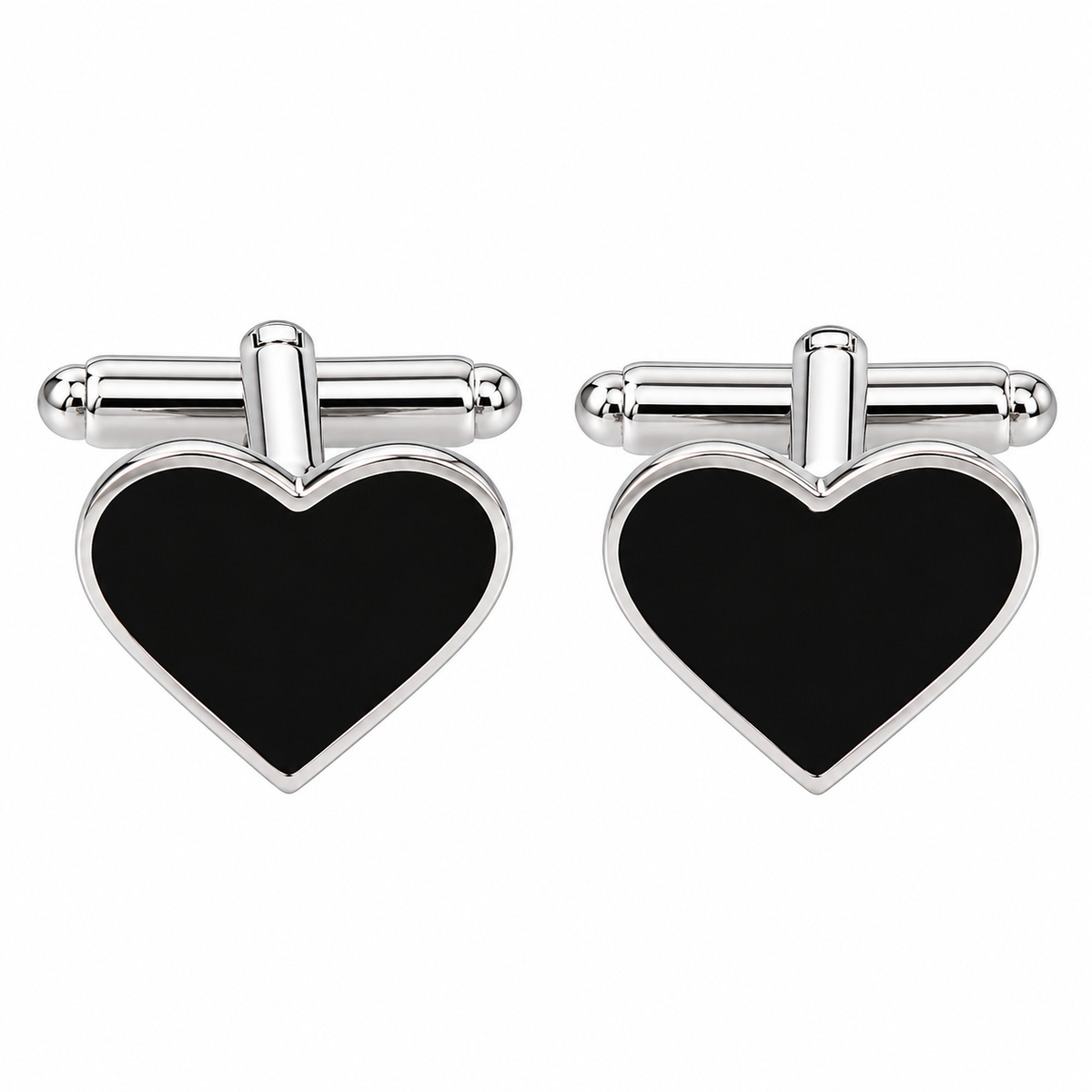 Albetro Coeur Noir black heart silver cufflinks pair on white background