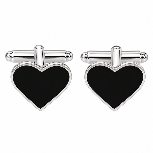 Albetro Coeur Noir black heart silver cufflinks pair on white background