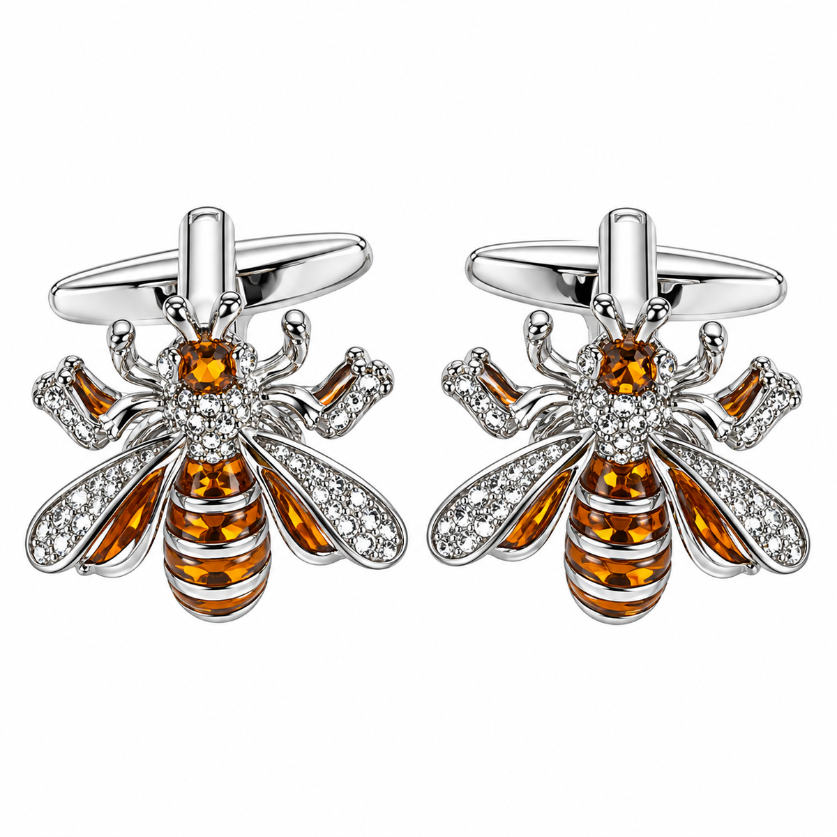 Albetro The Royal Bee amber crystal silver cufflinks pair on white background