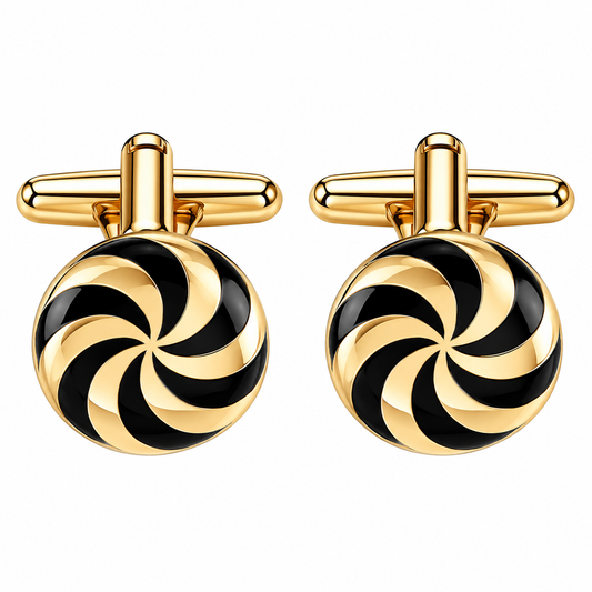 Albetro Vortex d'Or black and gold swirl cufflinks pair on white background
