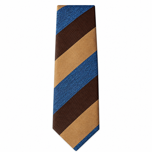 Blue Brown Tan Tricolor Diagonal Stripe Necktie