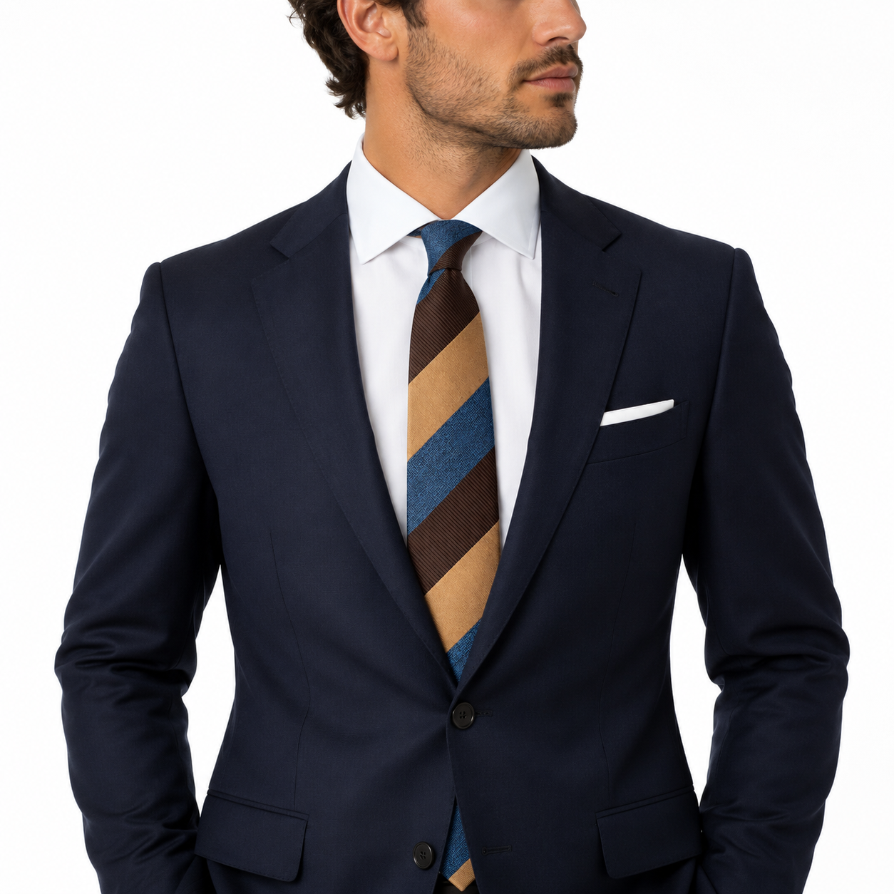 Blue Brown Tan Tricolor Diagonal Stripe Necktie