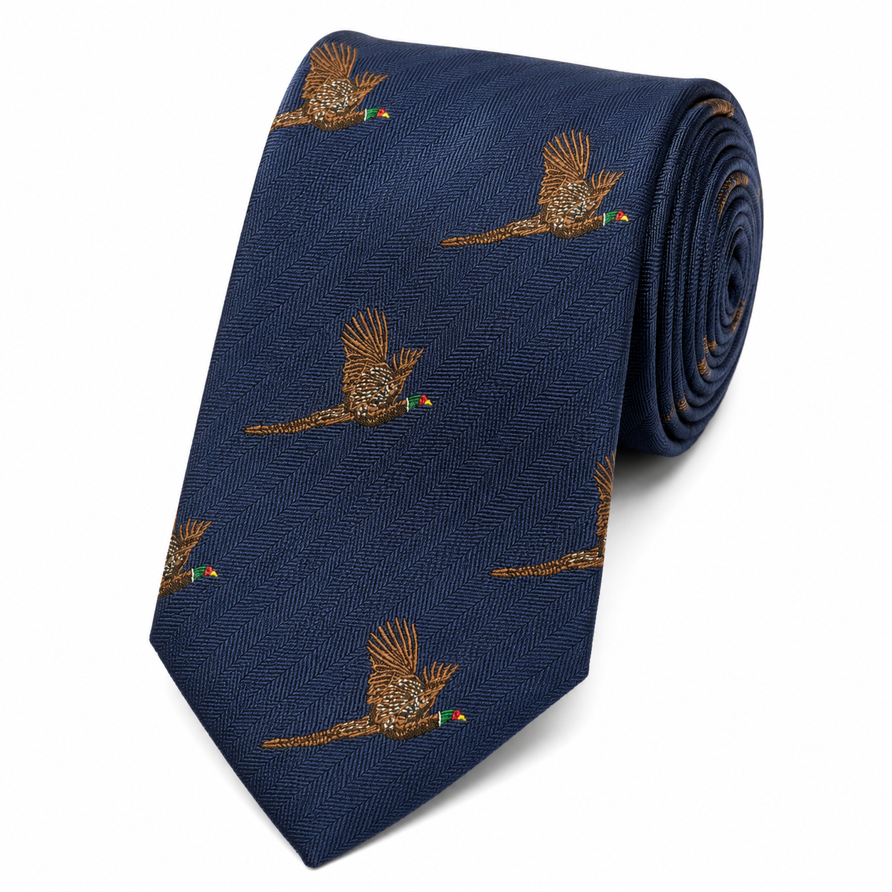 Navy Pheasant Flying Birds Heritage Motif Necktie