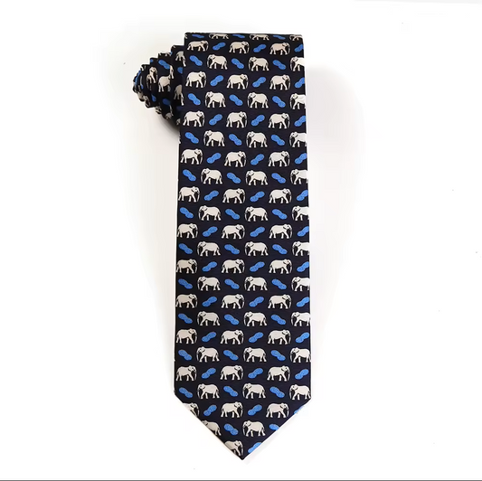 Navy Cream Elephant Motif Silk Necktie