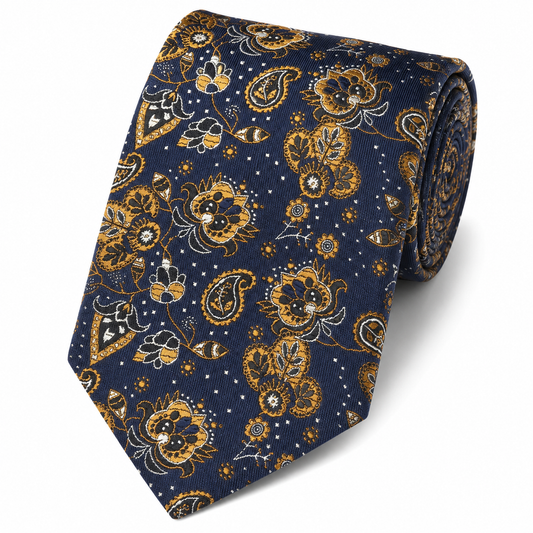 The Mayfair Navy & Amber Gold Paisley Floral Tie