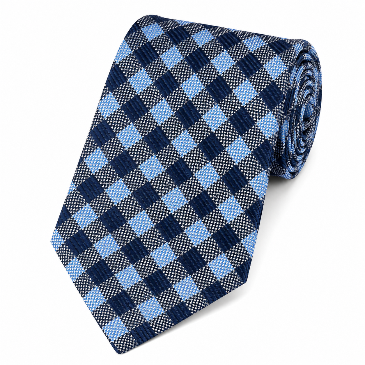 The Eton Navy & Sky Blue Diamond Check Tie - Flat Lay