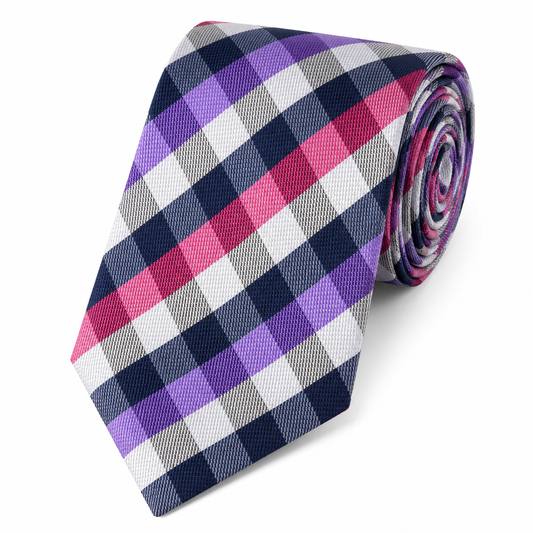 The Westminster Navy, Purple & Pink Multi-Check Tie - Flat Lay