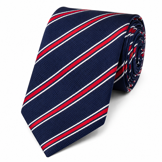 The Trafalgar Navy & Crimson Double Stripe Tie - Flat Lay
