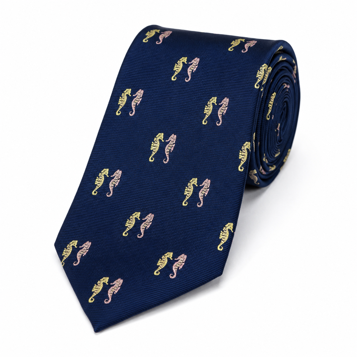 The Mariner Navy Seahorse Motif Premium Tie - Flat Lay