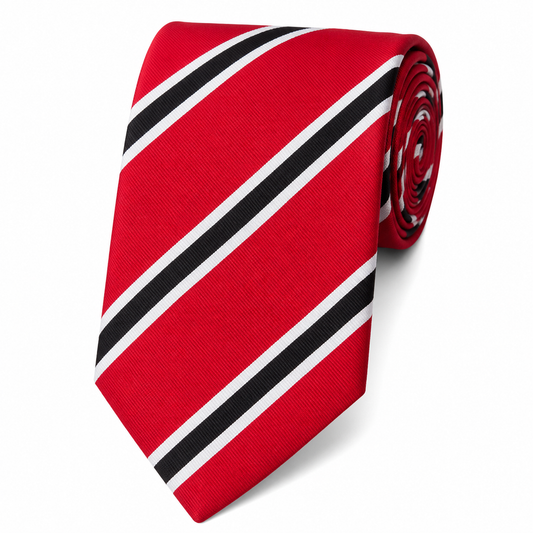 The Scarlet & Onyx Regimental Stripe Tie by Albetro flat lay detail