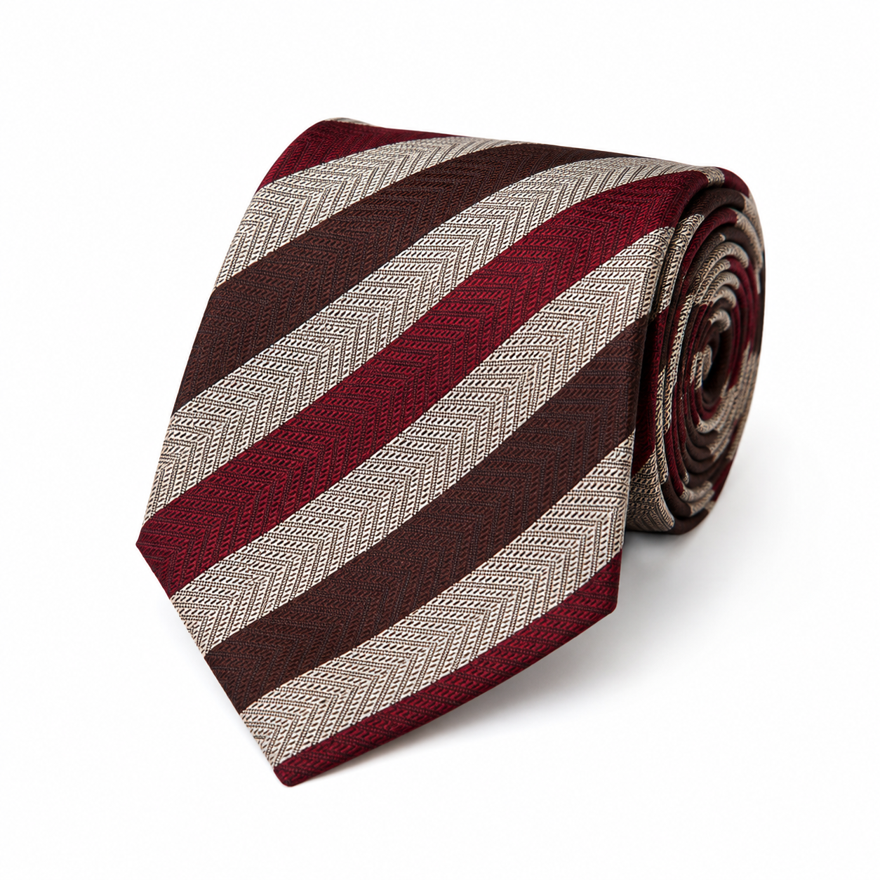 The Bordeaux & Taupe Herringbone Stripe Tie - Flat Lay