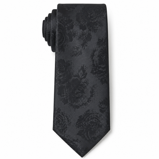 The Midnight Noir Tonal Rose Jacquard Tie - Flat Lay