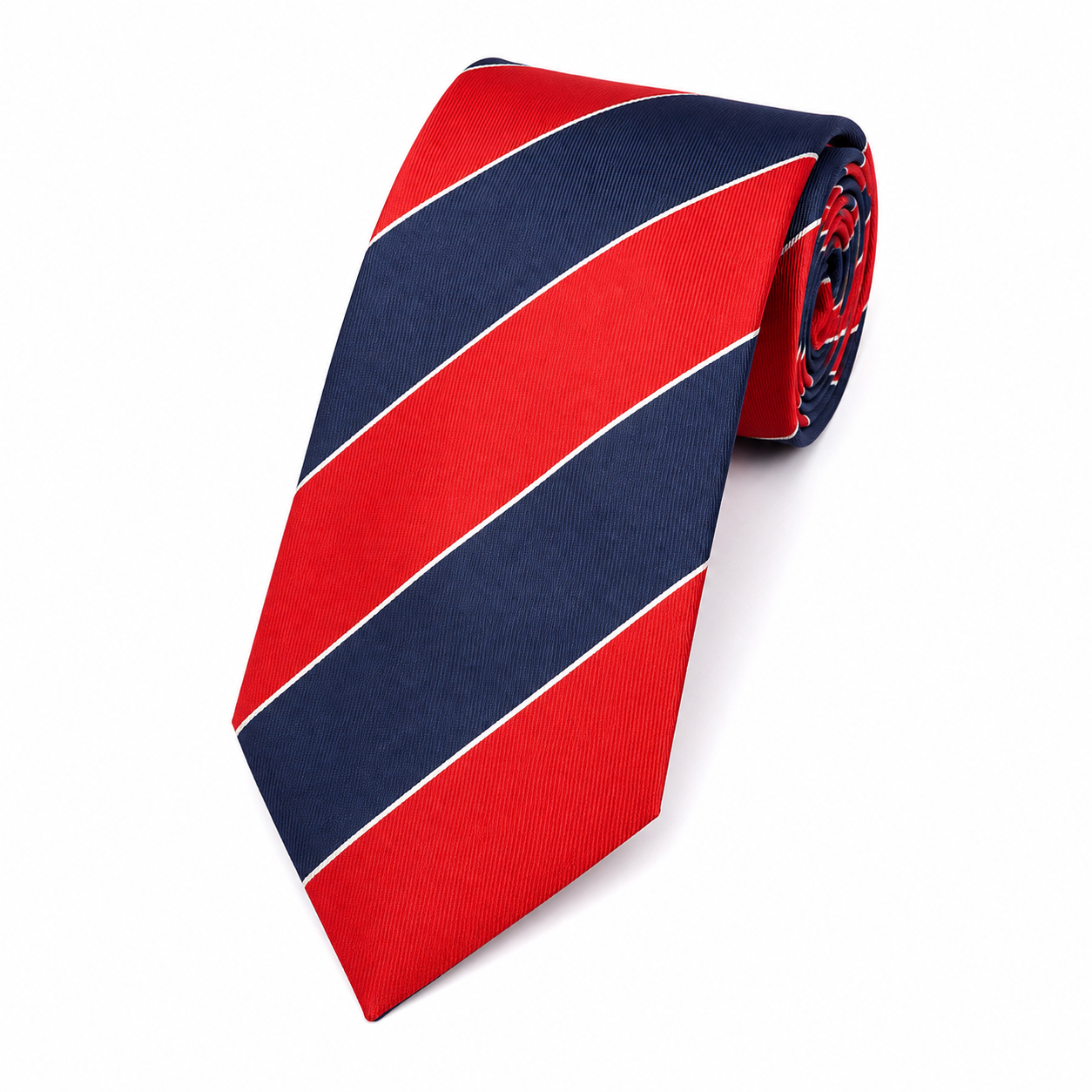 The Chelsea Red & Navy Bold Stripe Slim Tie - Flat Lay