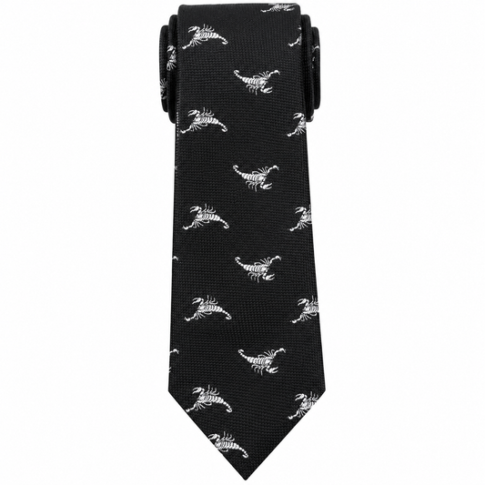 Albetro The Scorpio black scorpion motif slim tie detailed view