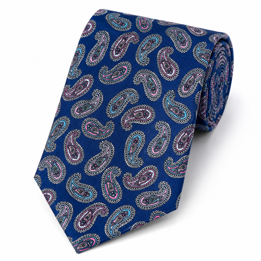 Albetro The Southwark Navy Blue & Dusty Pink Paisley Tie - rolled silk product shot