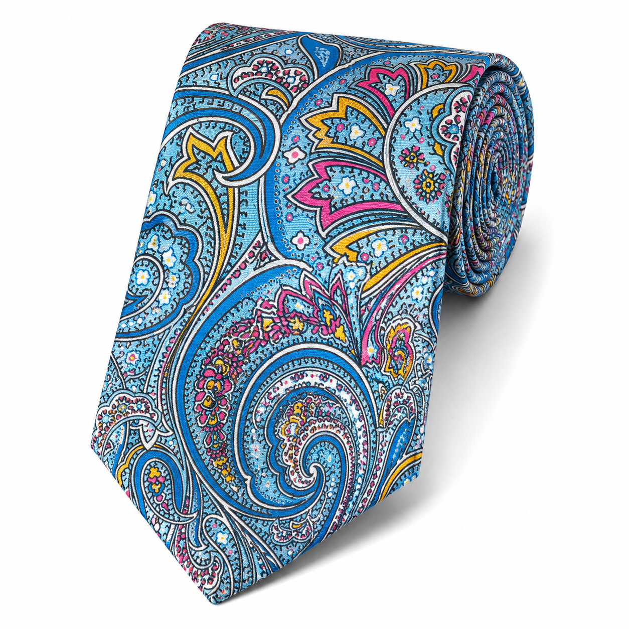 Albetro The Downing Sky Blue & Antique Gold Paisley Tie - rolled silk product shot