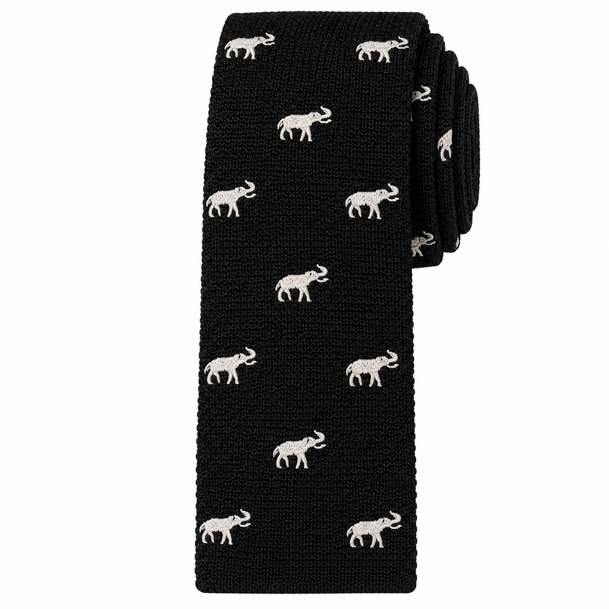 Albetro The Tusker Noir black elephant knitted skinny tie detailed view