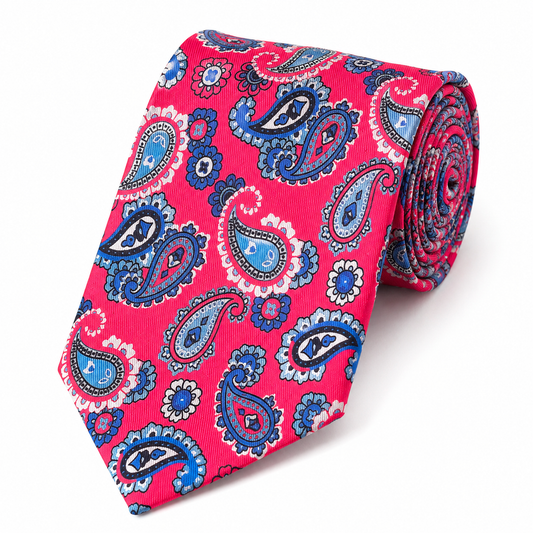 Albetro The Harrington Magenta & Royal Blue Paisley Tie - rolled silk product shot