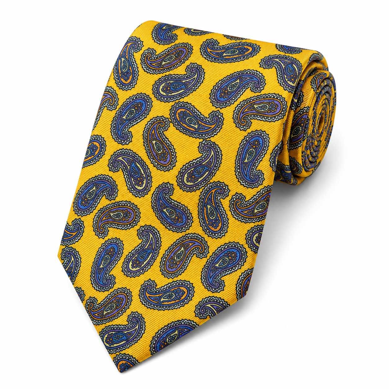 Albetro The Kingsley Golden Yellow & Navy Blue Paisley Tie - rolled silk product shot