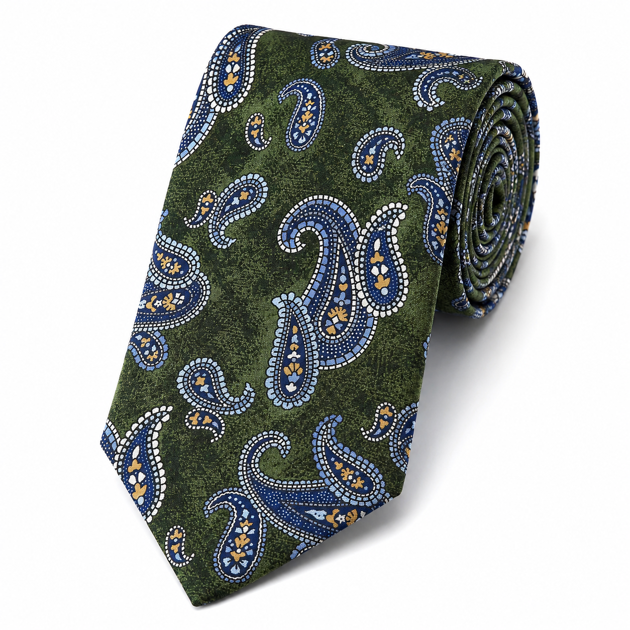 Albetro The Highgate Olive Green & Sapphire Blue Paisley Tie - rolled silk product shot