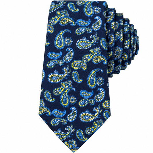Albetro The Midnight Citrine navy yellow paisley tie detailed view