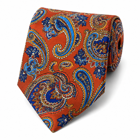 Albetro The Carnaby Terracotta & Royal Blue Paisley Tie - rolled silk product shot