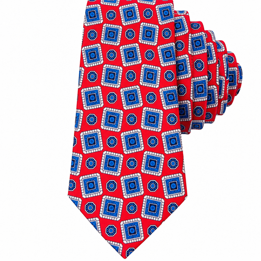 Albetro The Royal Scarlet red blue medallion tie detailed view