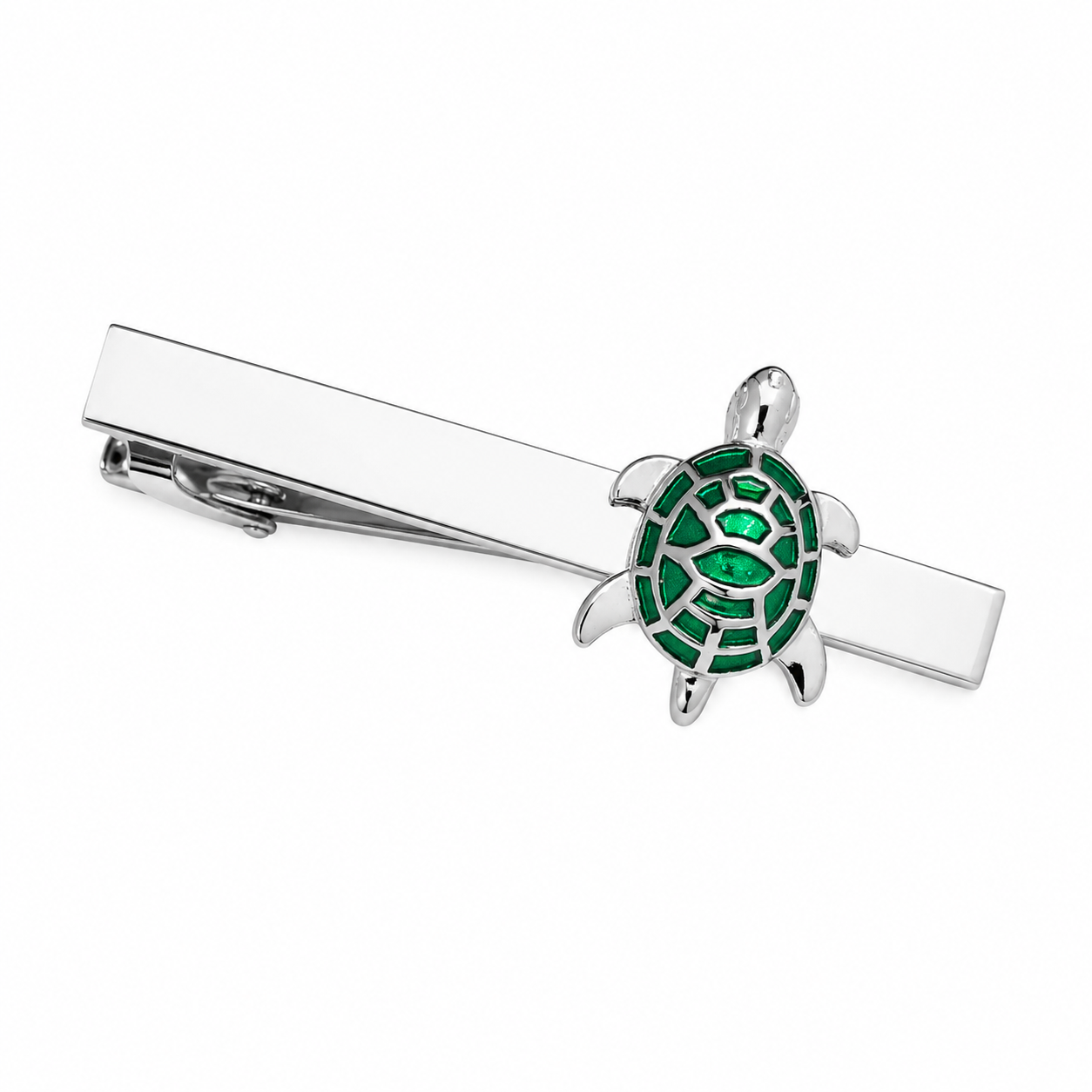 Man wearing Albetro green enamel turtle tie clip on navy striped tie with black suit
