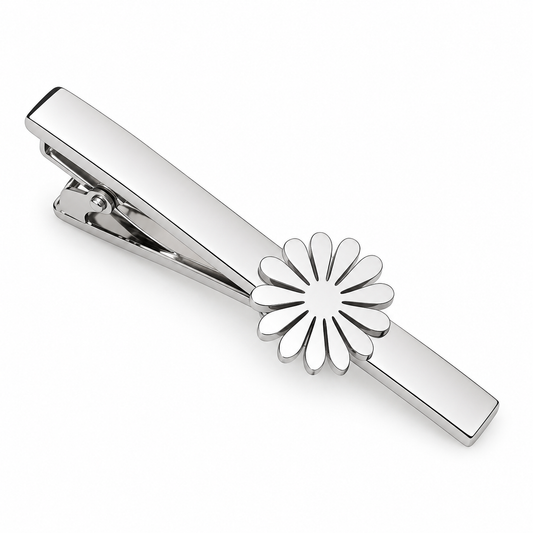 The Daisy Charm White Enamel Flower Tie Clip - Flat Lay