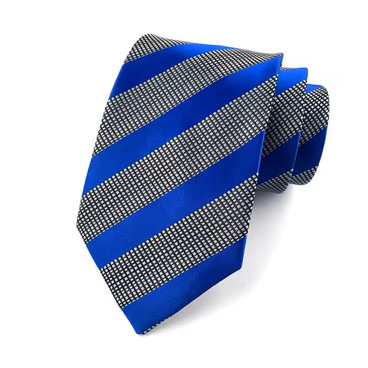 Blue and gray striped tie on a white background