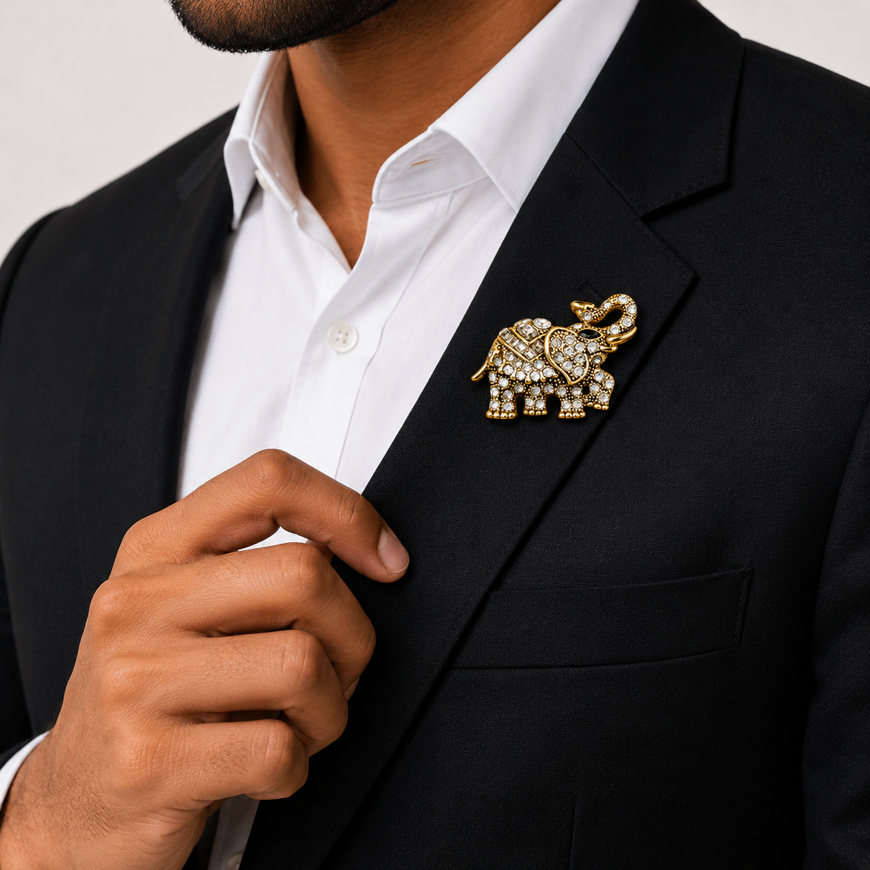 Crystal Elephant Brooch — Antique Gold