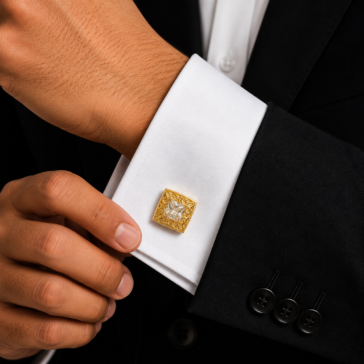 White Crystal Engraved Gold Cufflinks
